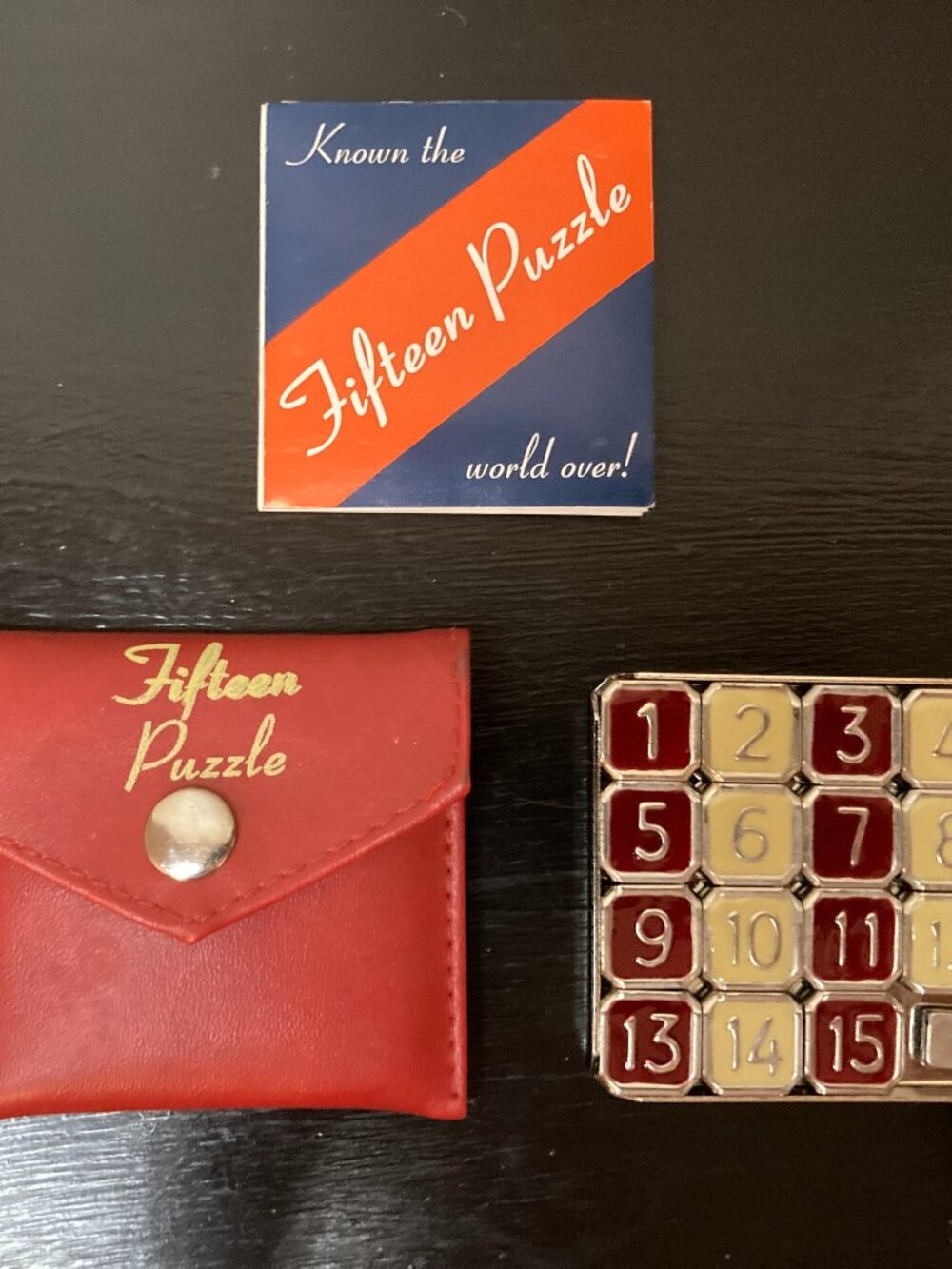 Vintage ThinkFun Metal "Fifteen Puzzle" Game in Red Leather Pouch w/ Instruction